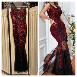 Black and Red Sequined Formal Dress